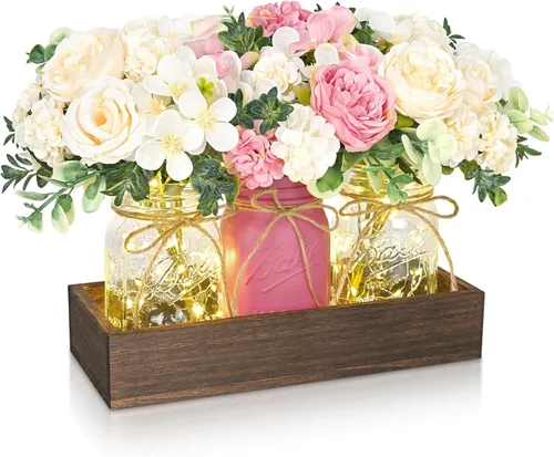 Vista 12 de BLEUM CADE Decoración de mesa de centro de mesa, 3 piezas de flores artificiales de hortensias en frascos Mason con bandeja de madera para mesa