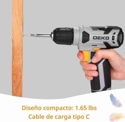 Vista 4 de Taladro inalámbrico DEKOPRO de 8 V, juego de taladro con mandril sin llave de 3/8 pulgadas, 42 piezas de accesorios, LED incorporado, cable de carga