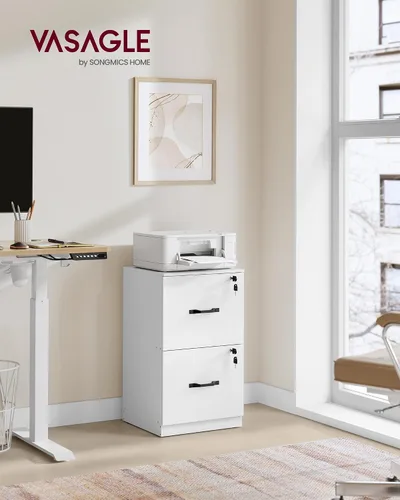 Vista 2 de VASAGLE Archivador de 2 cajones con cerradura, soporte de impresora, organizador de archivador de oficina, para documentos tamaño A4 y carta, blanco