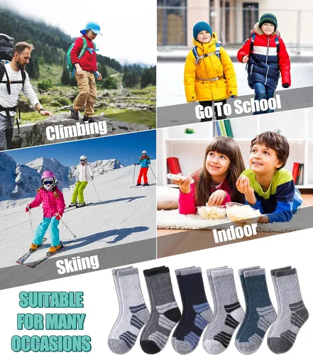 Vista 6 de LINEMIN Calcetines de senderismo de lana merino para niños y niñas, cálidos, gruesos, térmicos, acolchados, para invierno, 6 pares