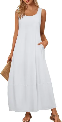 Vista 35 de Vestidos de iglesia para mujer 2025, casual, holgado, sin mangas, largo, fluido, vestido de verano con bolsillos