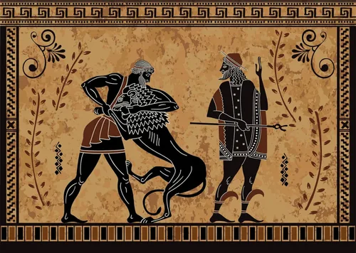 Vista 12 de Telón de fondo de tela de 5 x 3 pies, fondo de guerrero de la antigua Grecia antigua, mitología griega, figura negra, figuras de guerreros
