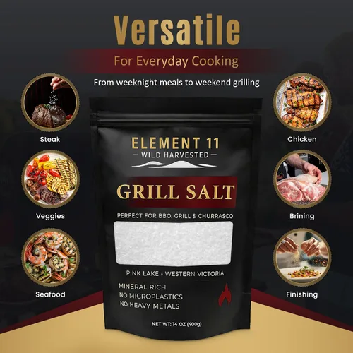 Vista 3 de Element 11 Sal de lago rosa australiana cosechada silvestre para asar Corteza de bistec para barbacoa, sal gruesa para ahumar, llama abierta
