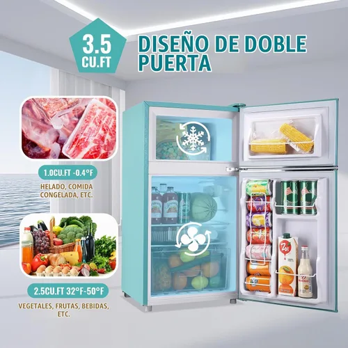 Vista 2 de WANAI Mini Refrigerador Compacto Pequeño con Congelador, Mini Refrigerador Retro con Doble Puerta, 7 Termostato Ajustable, Estantes Ajustables Para