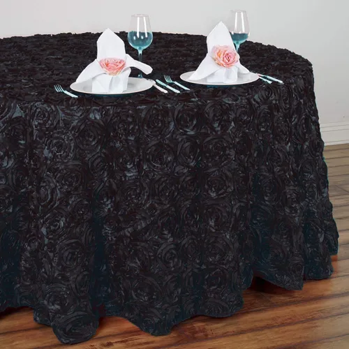 Vista 3 de Mantel redondo con rosetas elevadas de satén negro de 120 pulgadas, para bodas, fiestas, comedor
