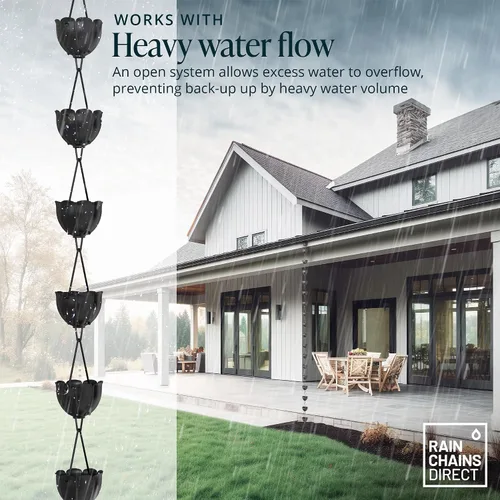 Vista 6 de Rain Chains Direct - Cadena de lluvia de tulipán - 8.5 pies - Aluminio recubierto de polvo negro - Cadenas de lluvia premium para canalones