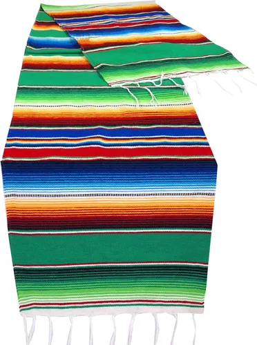 Vista 7 de Camino de mesa colorido a rayas fabricado en México 83x14 pulgadas.