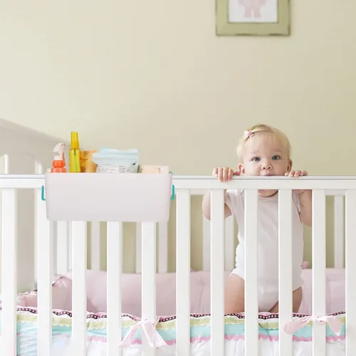 Vista 3 de Organizador de cesta colgante con ganchos para dormitorio, literas, estante para mesa de noche, soporte de almacenamiento para controles remotos