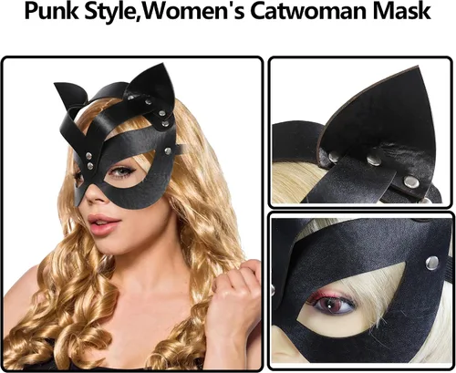 Vista 2 de Máscara de gato, máscara de piel sexy para mujer, máscara de gato de cuero para cosplay, máscara facial para Halloween, carnaval veneciano, Mardi