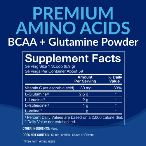 Vista 3 de BodyTech BCAA + Glutamina en polvo, sin sabor, 14.4 onzas, 59 porciones