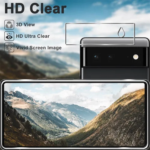 Vista 6 de [Paquete de 3+3] Protector de pantalla Pixel 6 + protector de lente de cámara, película de vidrio templado HD, desbloqueo de huellas dactilares