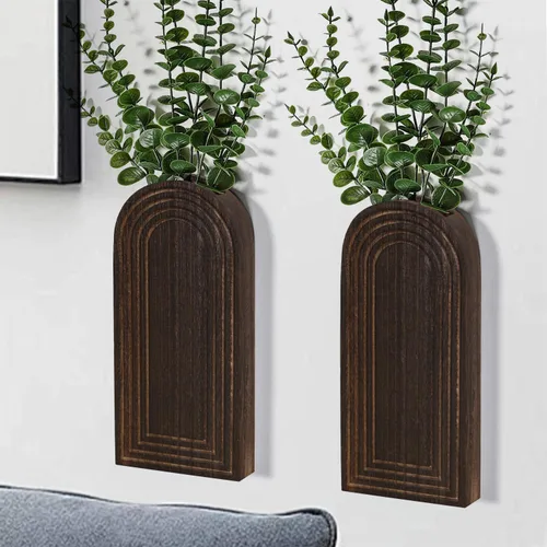 Vista 8 de Dnnnii Juego de 2 jarrones de pared de madera, acabado negro, decoración de pared moderna de granja y bohemio para entrada, pasillo, baño, sala
