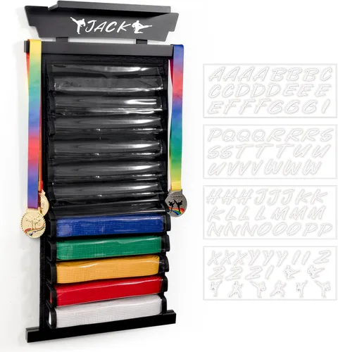 Vista 9 de Tilhumt 10/12 Belts Karate Belt Display Rack with Photo Shelf, Felt Taekwondo Belt Display Rack Martial Arts Belt Display for Adults TKD, BJJ