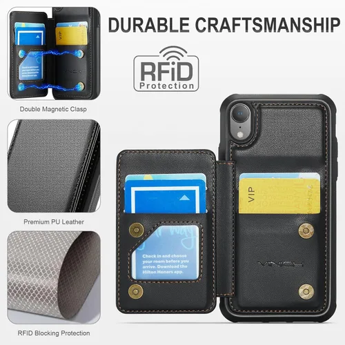 Vista 5 de Vinich for iPhone XR Wallet Case with Card Holder, Black RFID Blocking Credit Slots, Kickstand, Shockproof Flip Phone Cover, PU Leather, Double