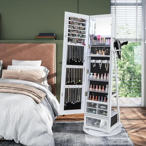 Vista 2 de CHARMAID Armario de joyería giratorio de 360 con espejo de longitud completa de 64.5 pulgadas de alto, 6 LED organizador de joyas con cerradura