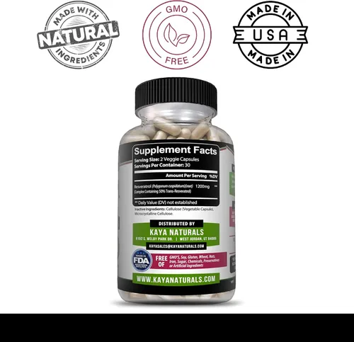 Vista 3 de Kaya Naturals - Cápsulas de resveratrol - Suplemento antienvejecimiento - Antioxidantes con apoyo cerebral - Beneficios máximos - 60 cápsulas