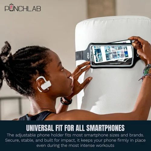 Vista 5 de Soporte de teléfono de boxeo para saco de boxeo – Soporte de correa para bolsa pesada con rastreador de perforación, se adapta a todas las bolsas