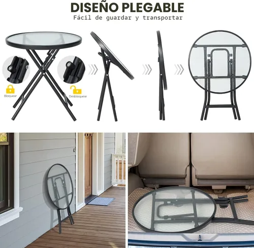 Vista 5 de GIANTEX Mesa auxiliar redonda plegable, mesa de patio con mesa de vidrio Semitransparente + Negro