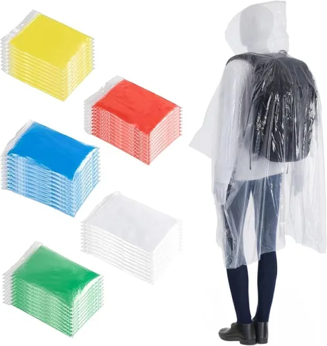 Vista 11 de Juvale Raincoat Plastic Disposable Rain Ponchos with Hood - Bulk Emergency Rain Cover