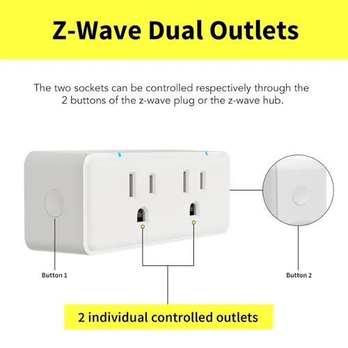 Vista 2 de Minoston Enchufe de salida dual Zwave serie 800, interruptor repetidor Z-Wave de encendido/apagado con 2 enchufes de control individuales, requiere