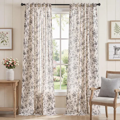 Vista 9 de jinchan Amlie - Cortinas florales de lino de 63 pulgadas de largo para sala de estar, dormitorio, casa de campo, cortinas de decoración de campo