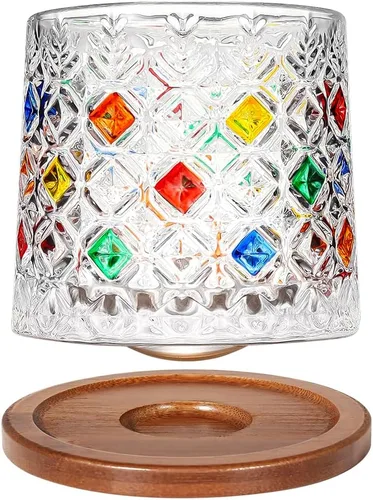 Vista 7 de Vaso de vidrio antiguo giratorio, 275ml/10oz Juego de vasos de whisky de cristal de 2 piezas, posavasos de madera, engrosamiento, utilizado como