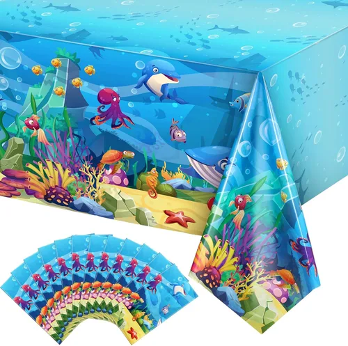 Vista 8 de Tiamon Paquete de 1 mantel de fiesta marina, animales del océano, criaturas submarinas, cubierta de mesa para decoración de fiesta de cumpleaños, 54