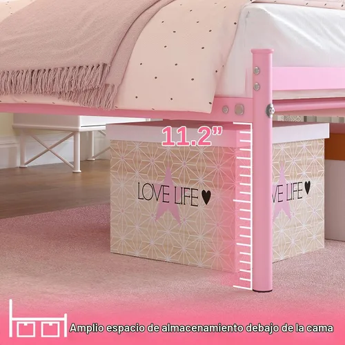 Vista 7 de Base de cama individual con cabecero, plataforma de metal resistente debajo de la cama, espacio de almacenamiento fácil de montar para niños, niñas