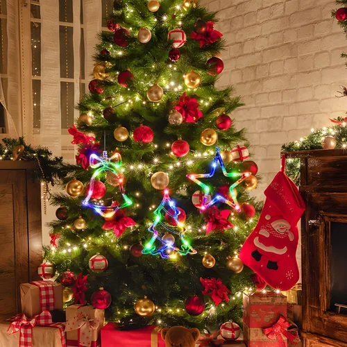 Vista 3 de LYUBASA Paquete de 3 luces de Navidad para ventana con temporizador, alimentadas por baterías, lechón LED multicolor para árbol de Navidad