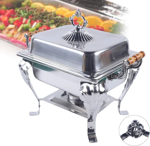 Vista 6 de Juego de bufé de platos de acero inoxidable 201, calentador de catering rectangular plateado, calentador de alimentos para fiestas, bufé