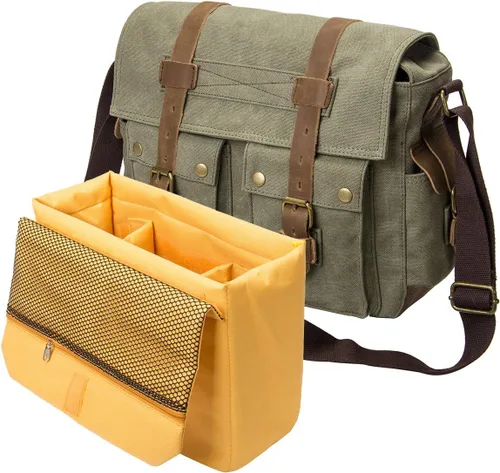 Vista 2 de morral de cuero y lona para computadora portátil + morral de lona para cámara Dslr Slr, Verde ejército), 3323830
