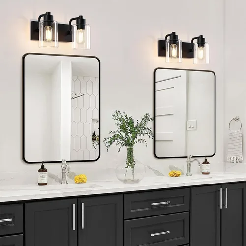 Vista 6 de Dpyrrhic Luces de Baño Negras Mate de 2 Luces Sobre Espejo con Pantalla de Vidrio Transparente, Luminarias Modernas de Baño para Cocina, Sala