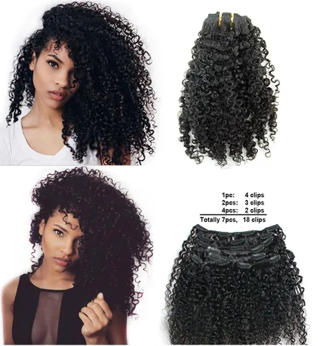 Vista 5 de Ms Fenda Extensiones de cabello rizado afro 4B 4C con clip, cabello virgen brasileño Remy, color natural, 4.23 onzas, 7 unidades por juego
