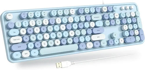 Vista 9 de Atelus Teclado USB con cable con retroiluminación de 7 colores, teclado de tamaño completo con teclas retro, teclado numérico y tecla de acceso