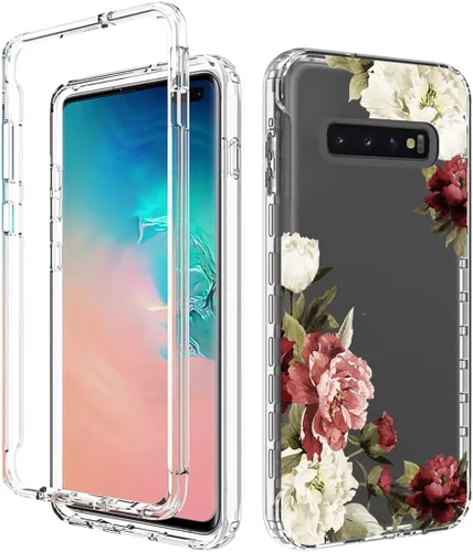 Vista 6 de Funda para Galaxy S10+ Plus, SM-G975U con protector de pantalla de vidrio templado, carcasa rígida de protección de diseño floral de cuerpo completo