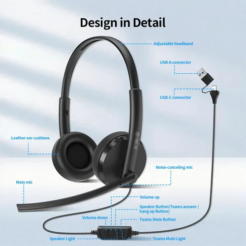 Vista 7 de TOALLIN Auriculares con cable con micrófono, auriculares estéreo USB con micrófono con cancelación de ruido, control de volumen, silencio de una