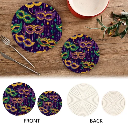 Vista 4 de Boccsty Tapete de salvamanteles de carnaval de Mardi Gras con cuentas de colores, 2 unidades de tejido redondo, para mesa de cocina, protector