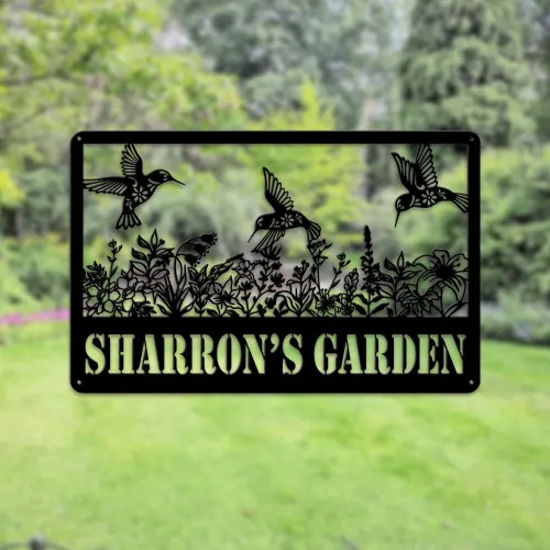 Vista 6 de MeMate Letreros de jardín de colibríes, letreros de jardín de flores para personalizar, letreros de metal personalizados con colibrí, arte de pared