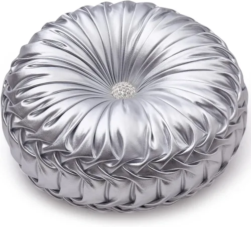 Vista 11 de EUCIOR Almohada decorativa redonda, almohada circular hecha a mano, almohadas redondas de cuero metálico liso para sofá, decoración del hogar
