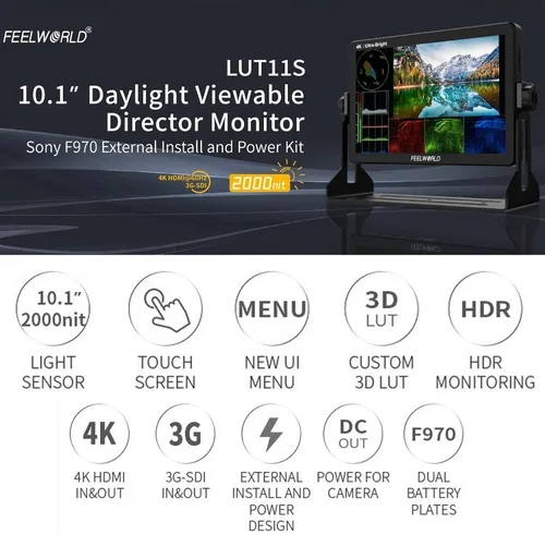 Vista 2 de FEELWORLD LUT11S 10.1 pulgadas DSLR cámara monitor de campo 3G-SDI 1920X1200 4K HDMI Ultra alta brillante 2000nit pantalla táctil