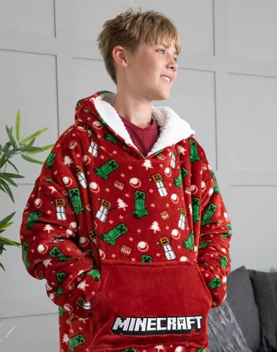 Vista 3 de Minecraft Manta de Navidad Vuddie de gran tamaño con capucha para niños y niñas, forro polar rojo
