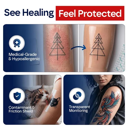 Vista 9 de Vendaje impermeable para el cuidado posterior del tatuaje, vendaje en rollo de película transparente de 10 pulgadas x 3.3 yardas, adhesivo elástico