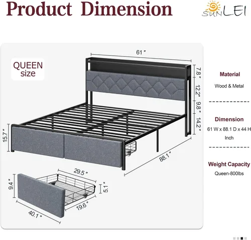 Vista 2 de SUNLEI Base de cama Queen con luz LED y 2 cajones, plataforma de metal con estación de carga y cabecera de almacenamiento de tela de lino, listones