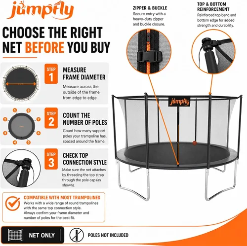 Vista 2 de 10/12/14FT Trampoline Net(Net Only),Trampoline Replacement Safety Enclosure,Fit for 8/6 Poles Round Frame Trampoline,Breathable&Weather-Resistant