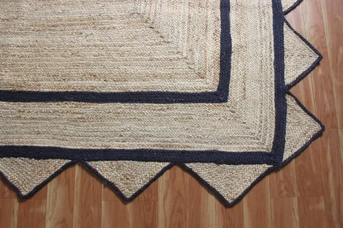 Vista 6 de Alfombra de borde festoneado, alfombra tejida a mano de yute natural, 2 x 3 pies, color beige y negro, alfombra de sisal trenzada Kilim para sala