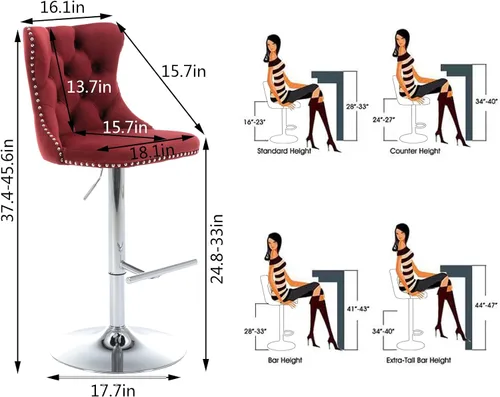 Vista 135 de Aoowow Juego de 2 taburetes de bar giratorios, taburetes de bar ajustables con respaldo de terciopelo copetudo, sillas de bar modernas tapizadas