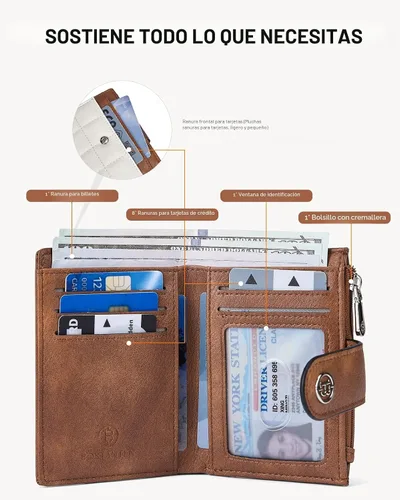 Vista 2 de BOSTANTEN - Cartera pequeña para mujer de cuero con bloqueo RFID, tarjetero plegable compacto con cremallera y bolsillo para monedas, Pequeña Beige
