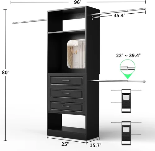 Vista 7 de Unikito Sistema de armario de 8 pies con espejo, kit organizador de armario de 96 pulgadas con cajones y 3 varillas extensibles para colgar
