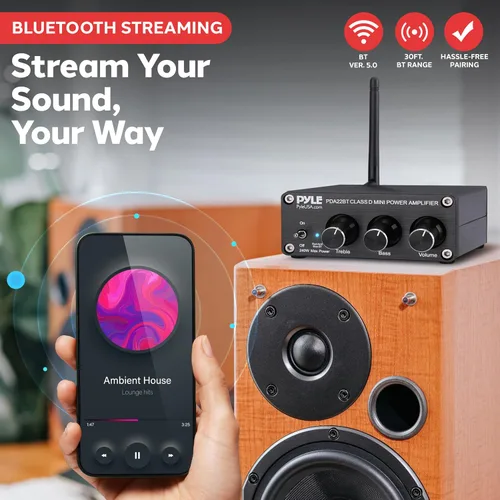 Vista 2 de Pyle Mini amplificador estéreo Bluetooth de 240 W para el hogar, micro receptor compacto de 2 canales con diales de control de graves y agudos Negro