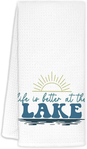 Vista 14 de Toallas de cocina azules con decoración de casa del lago, regalos para casa del lago, toallas de cocina divertidas con temática de perro del lago